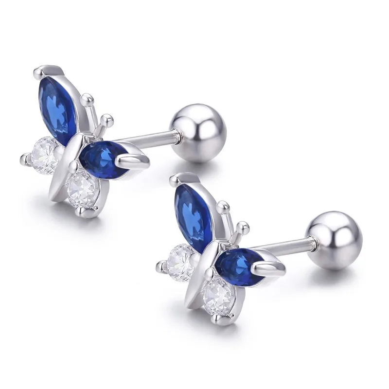 sapphire blue Милые 925 пробы серебряные бабочки розовые CZ Винт Назад серьги гвоздики для женщин дети, девочки ювелирные изделия Orecchini Aros Aretes - Окраска металла: sapphire blue