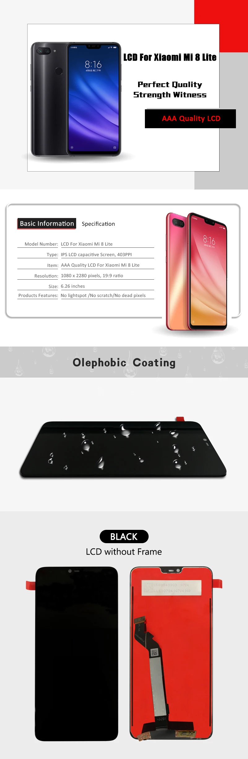 6,2" FHD 2280*1080 AAA качественный ЖК-дисплей для Xiaomi Mi 8 Lite ЖК-экран Замена для Xiaomi Mi 8X ЖК-дигитайзер в сборе
