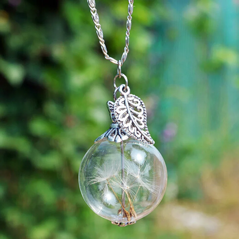 

Dandelion Seeds Wish Pendant Leaf Butterfly Glass Ball Maxi Necklace Wedding Engagement Jewelry Birthday Gift