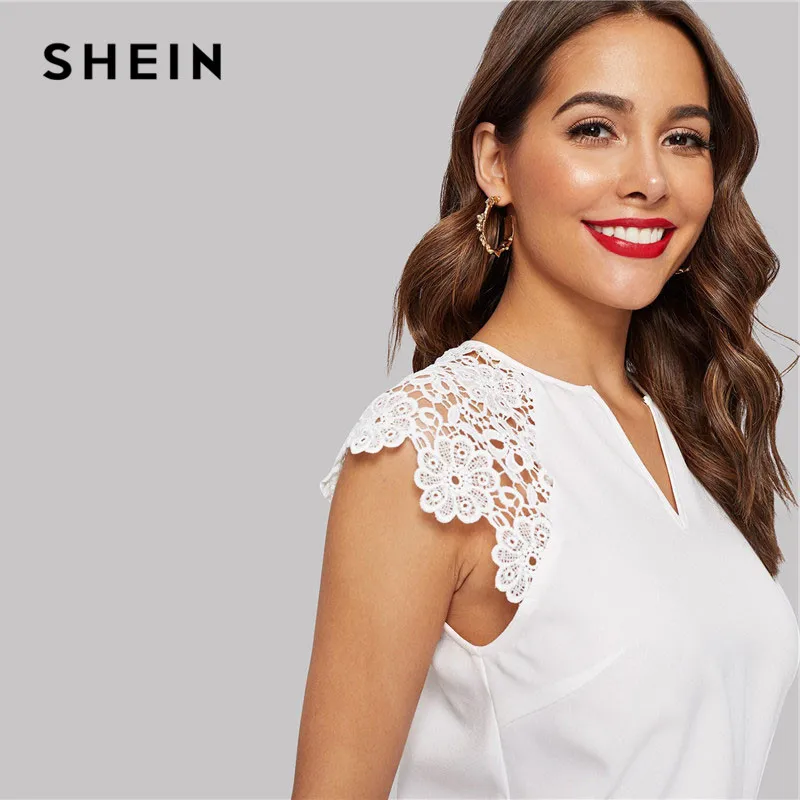 SHEIN Блуза С Кружевными Рукавами Женская Летняя Элегантная Блузка С V-Образным Вырезом И Короткими Рукавами