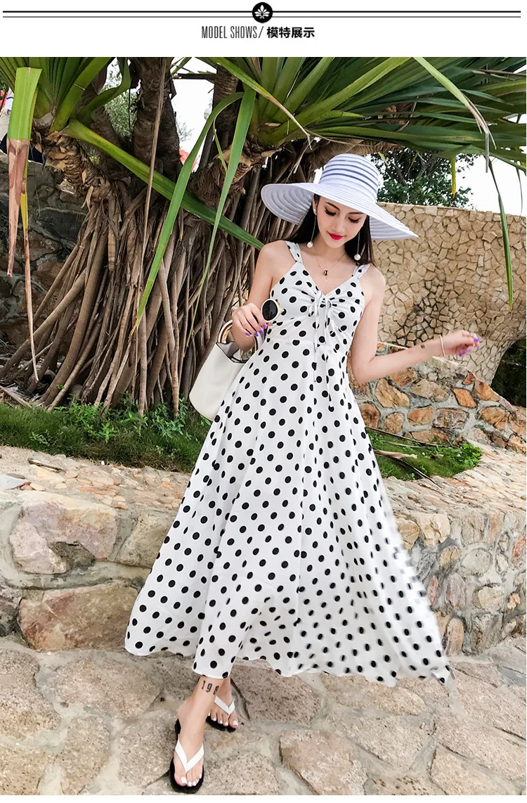 Spring and summer new style Beach seaside vacation strap dress Medium long wave chiffon | Женская одежда