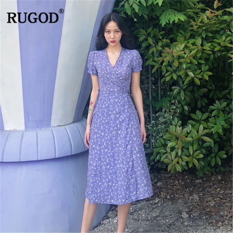 RUGOD/2019 Новое Женское фиолетовое Лавандовое Цветочное платье с v образным вырезом