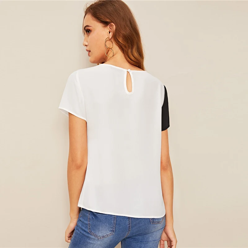 SHEIN модный топ с блестками и контрастной вставкой, Женские топы и блузки,, повседневные летние блузки с коротким рукавом и цветными блоками