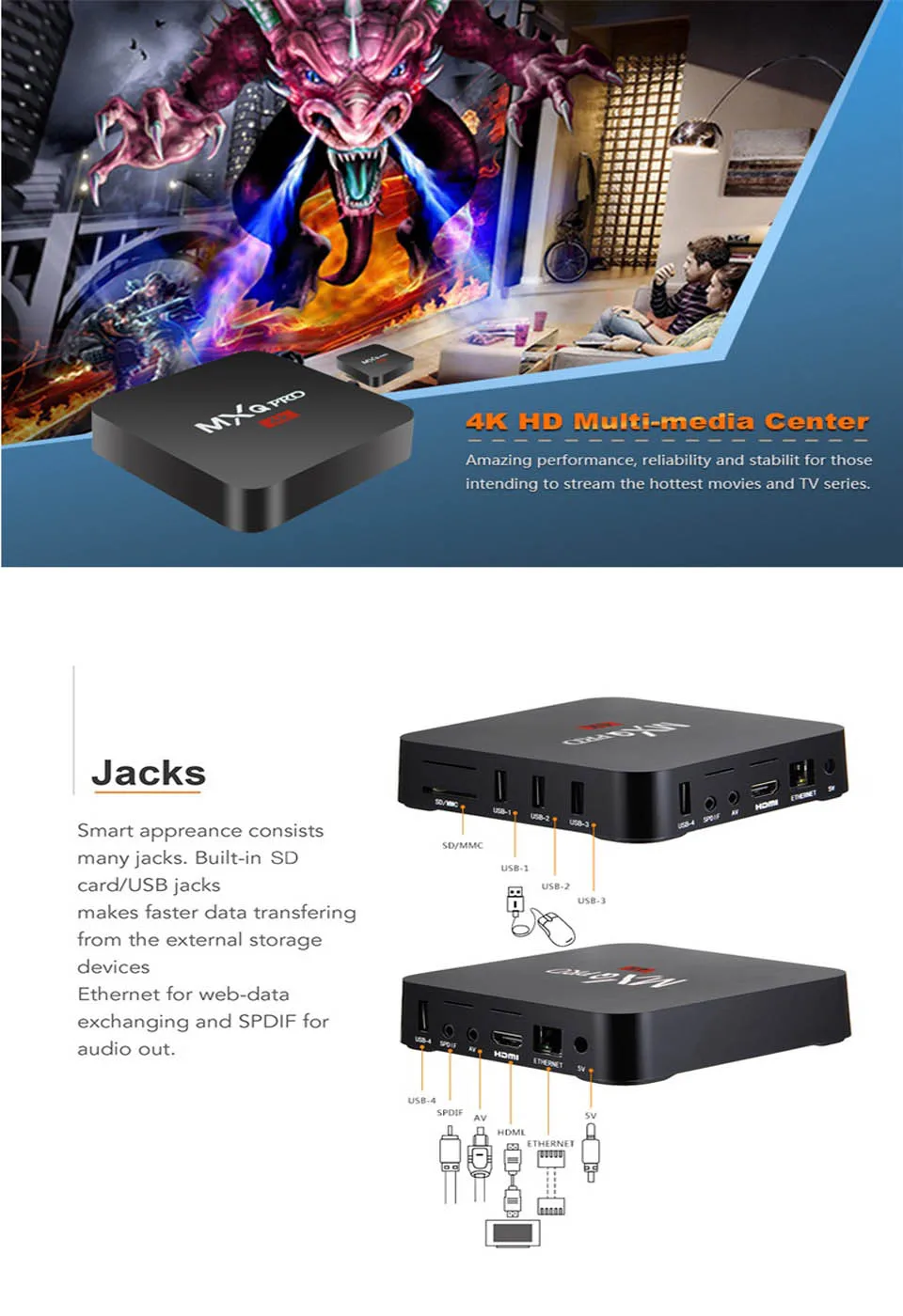 Умный блок для ТВ mxq PRO 4K Android 7,1 ТВ приставка Amlogic S905W четырехъядерный 2 Гб 16 Гб H.265 4K PRO 2,4 ГГц WiFi медиаплеер телеприставка