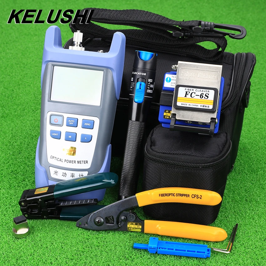 Kelushi Glasvezel Ftth Tool Kit Met FC-6S Fiber Cleaver En Optische Power Meter 5Km Visual Fault Locator 1mw Draad Stripper