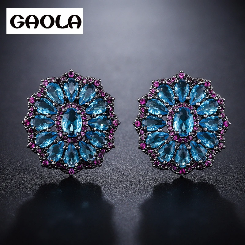 Женские серьги гвоздики круглой формы GAOLA модные с синим кубическим цирконием и