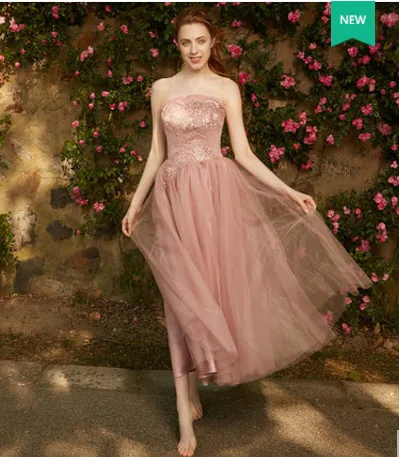 pink D strapless Robe De Soriee, новинка, платье подружки невесты с пыльной розой, кружевное, длина, вышивка, элегантное, простое, винтажное, официальное, свадебное, вечернее, выпускное платье - Цвет: pink D strapless