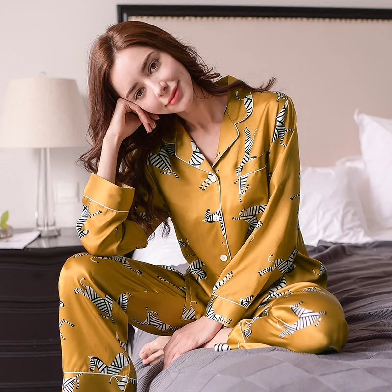 Fashion Genuine Silk Women's Pajamas Zebra Printed Long-Sleeve Pyjama Long Pants Sets 100% Silkworm Silk Sleepwear Female T8143