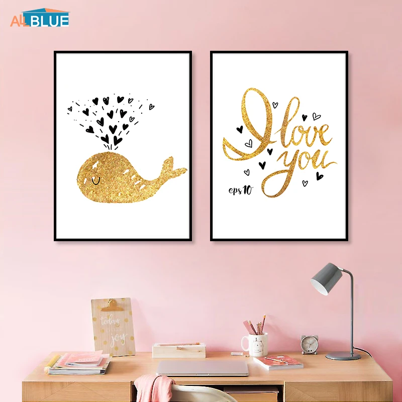 Золотое сердце КИТ скандинавский мультфильм детская Картина на холсте Настенная