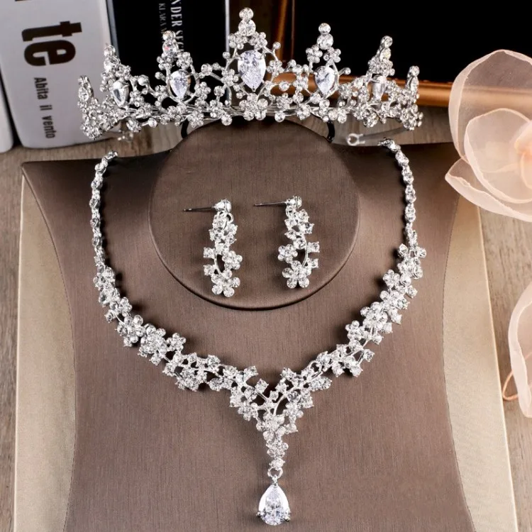 Роскошные сверкающие серьги в виде короны из кубического циркония, ожерелье, вечерние ювелирные изделия, набор, стразы, Свадебные Ювелирные наборы, свадебные аксессуары
