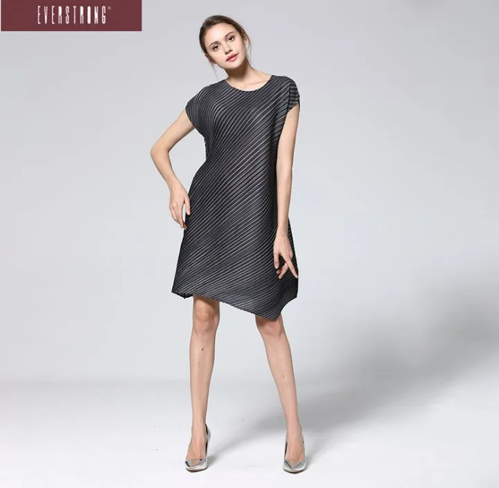 Горячая продажа Miyake модное однотонное асимметричное платье с коротким рукавом и