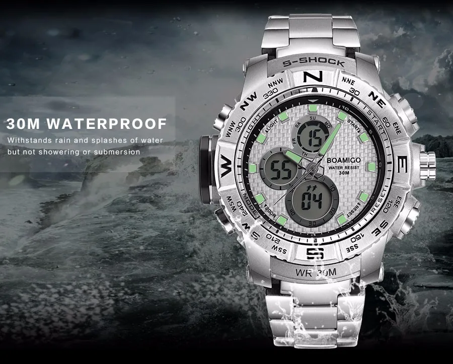 S-SHOCK, мужские спортивные часы, стальной светодиодный, цифровые часы, аналоговые кварцевые часы, BOAMIGO, Брендовые Часы с хронографом, 30 м, водонепроницаемые, reloj hombre