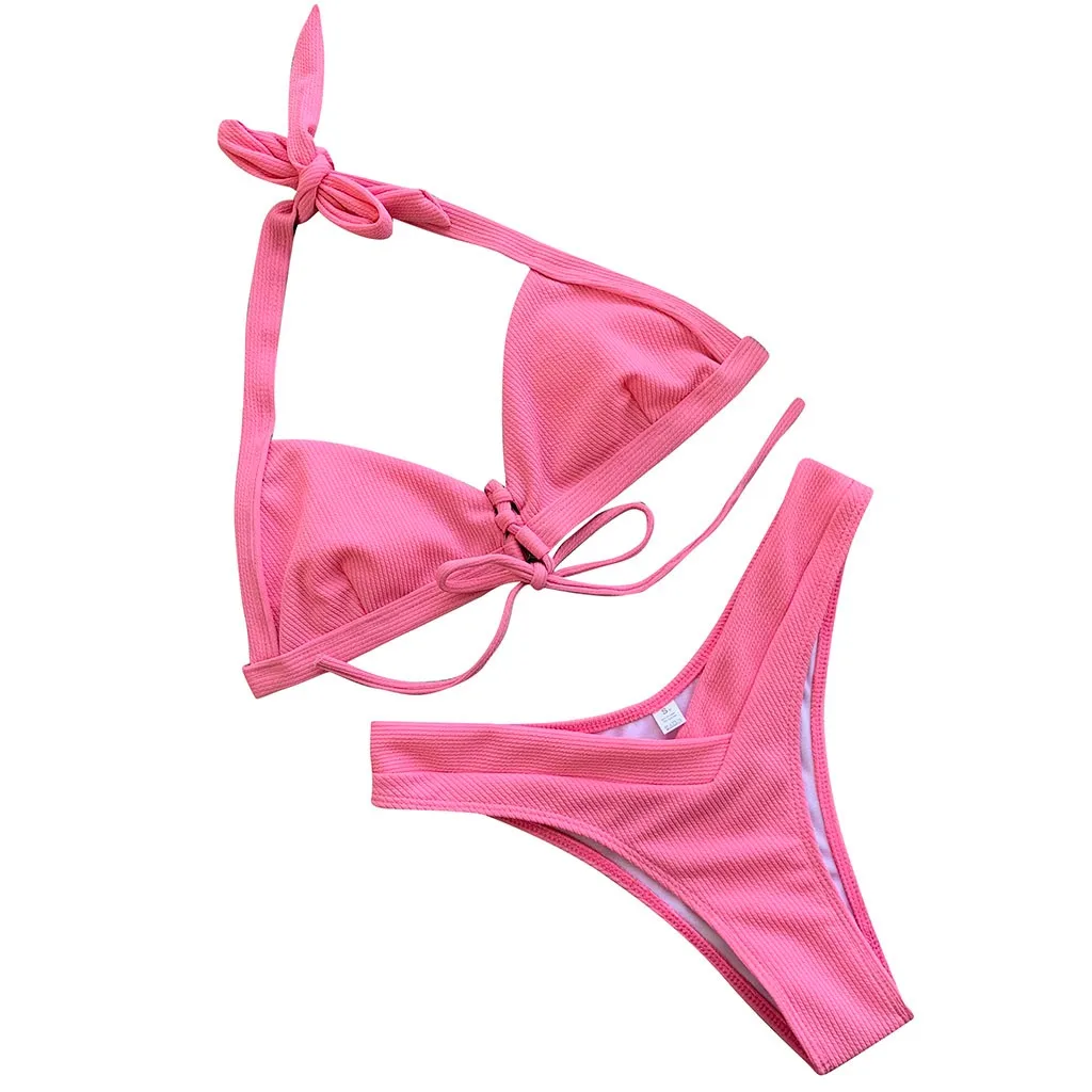 Pink Женский купальник, желтый бикини,, сексуальный бикини, пуш-ап, Одноцветный, купальный костюм для женщин, пляжная одежда, купальный костюм для женщин, s бикини, Mujer - Цвет: Pink