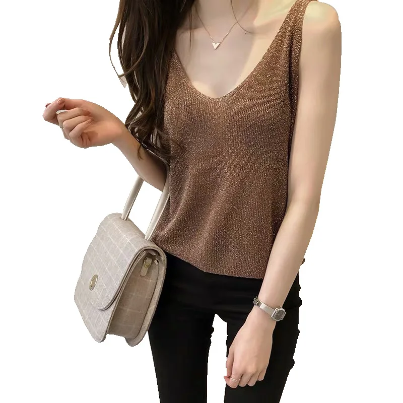 Женские сексуальные трикотажные майки с золотой нитью без бретелек блестками и V