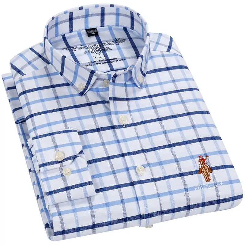 Camisa Masculina 100% Хлопок Клетчатая оксфордская рубашка с левой грудью вышивка умная