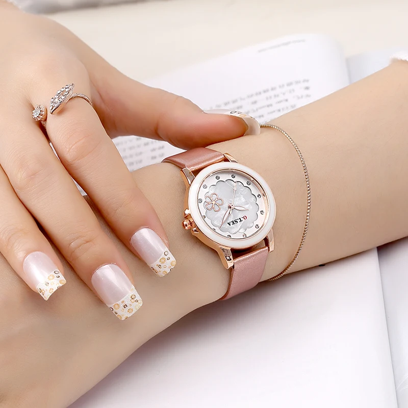 

Hot Sales O.T.SEA Brand Rose Gold Case Leather Watches Women Ladies Crystal Dress Quartz Wristwatches Relogio Feminino OTS097