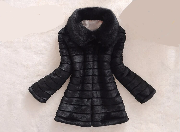 Женское длинное пальто из искусственного кроличьего меха с воротником лисьего