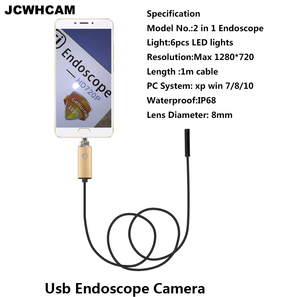 

JCWHCAM New 8mm 2in1 Android USB Endoscope Camera 1M OTG Micro USB Snake Tube Inspection Borescope IP68 Waterproof 6PC LED
