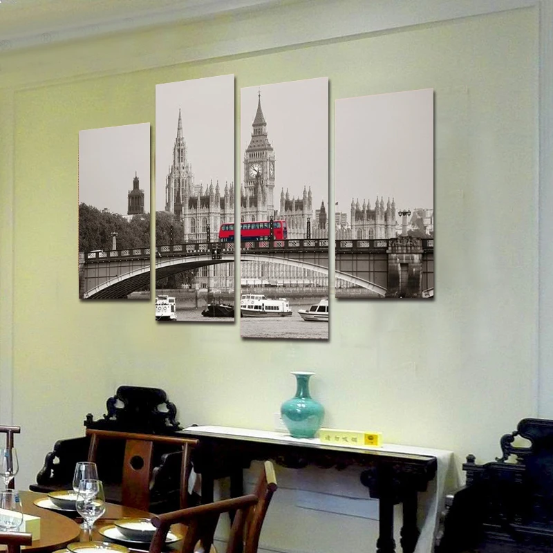 

4 Piece London Red Bus Canvas Print Oil Painting Home Decor Wall Art Picture For Living Room(No Frame)