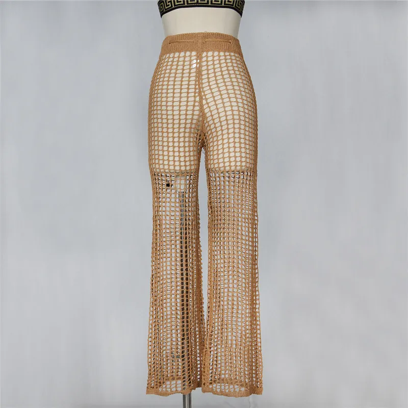 Adogirl Women Beach Flare Pants Solid Knitted Hollow Out Fishnet Wide Leg Pants High Waist Lace Up Sashes Night Club Trousers