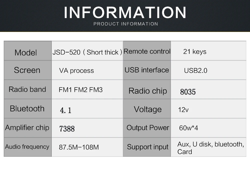 Jsd-520 12 в Bluetooth Стерео FM радио MP3 аудио плеер 5 в зарядное устройство USB SD AUX Автоэлектроника сабвуфер 1 DIN Авторадио