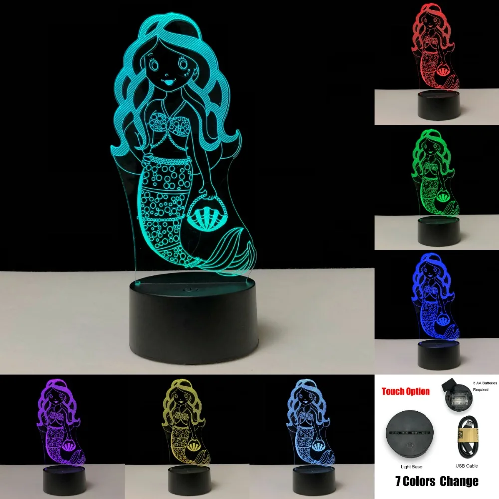 Новинка мультфильм принцесса Русалка светодиодный 3D лампа Ночной фонарик украшения дома подарки Рождество настольная RGB девушка Иллюзия освеще