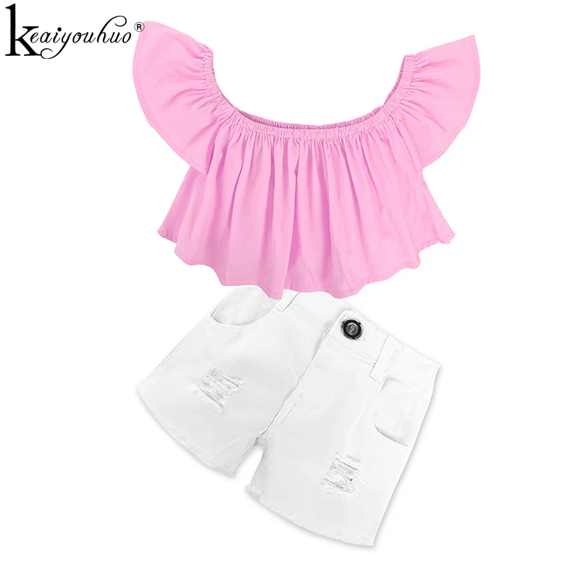 Детский спортивный костюм для девочек футболка на плечо + рваные джинсы 2020|tracksuit