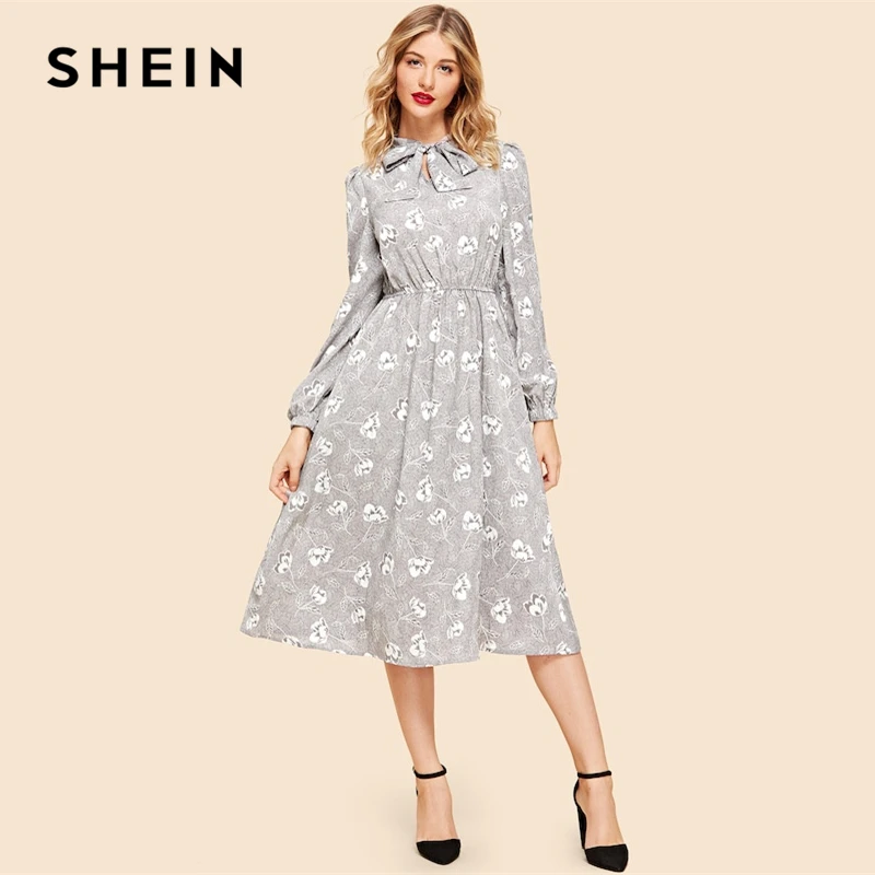 SHEIN Однобортное Платье С Воротником-Бантом, Винтажное Платье С Галстуком И Длинным Рукавом, Демисезонное Платье С Цветочным Принтом Для Офиса