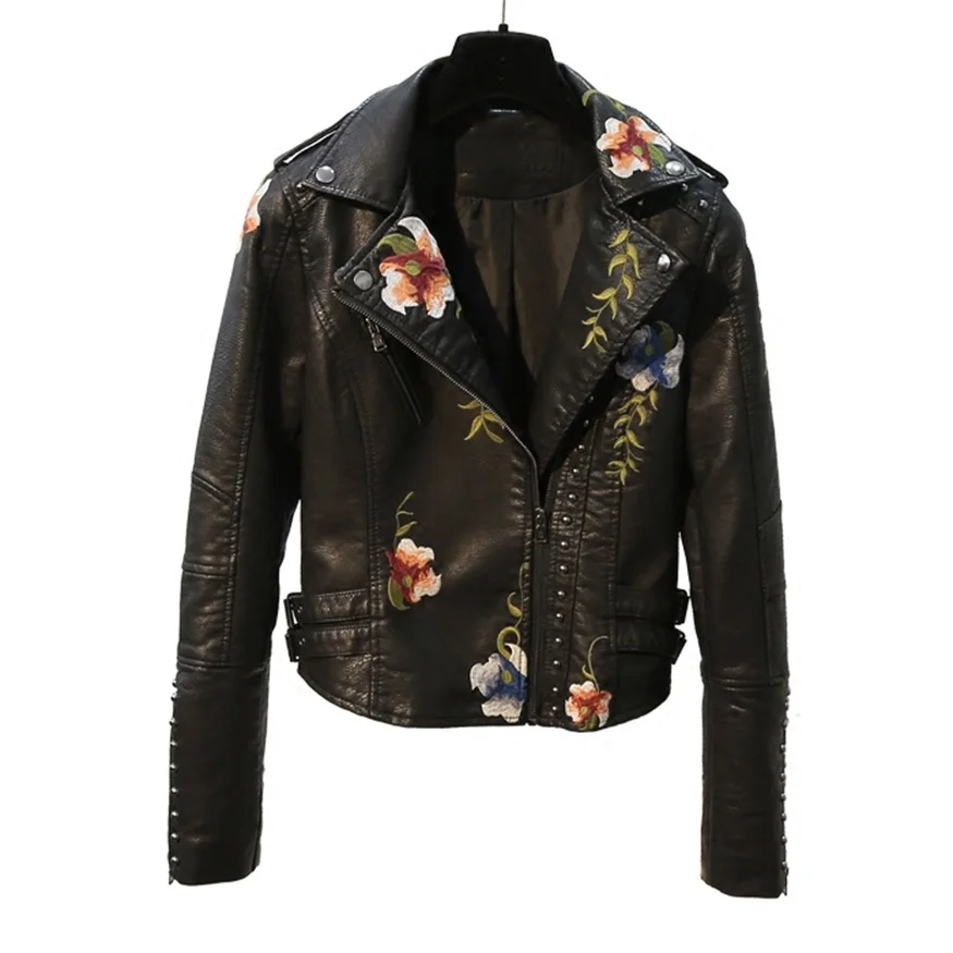 High-quality Spring and Autumn New Korean Slim Wild Black Rivet Embroidered Motorcycle Long Sleeve Women Short PU Jacket TB18196