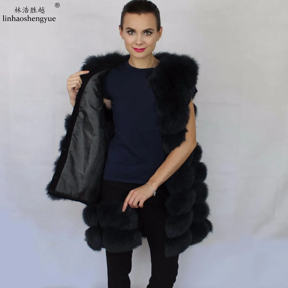 Linhaoshengyue Black Red 88CM Long Fox Fur Vest Women Long Real Fox Fur Vest