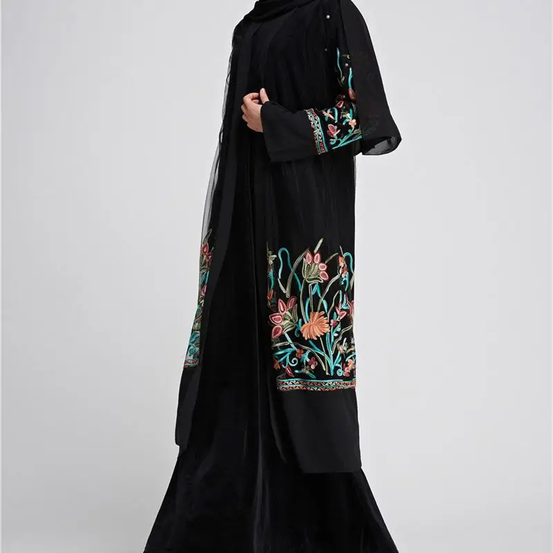 2020 Дубай абайя кимоно черная вышивка Спереди открытая мусульманская одежда