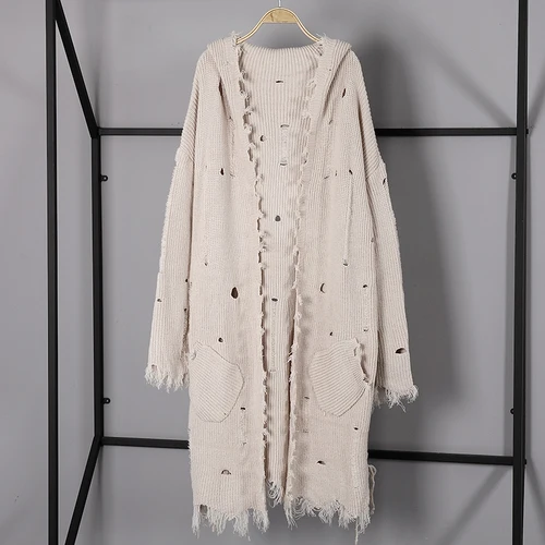 Khaki LXUNYI, уличная одежда, длинный кардиган, женский, осень, длинный рукав, вязанный, с капюшоном, кардиган, с карманами, свободный, женский свитер, пальто, длинный - Цвет: Khaki