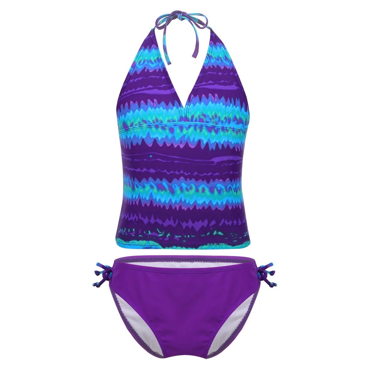 Purple Freebily/детский купальный костюм-танкини из двух предметов для подростков детский купальный костюм Mambo для девочек, топы для плавания с галстуком-бабочкой, трусики, комплект бикини, купальные костюмы - Цвет: Purple
