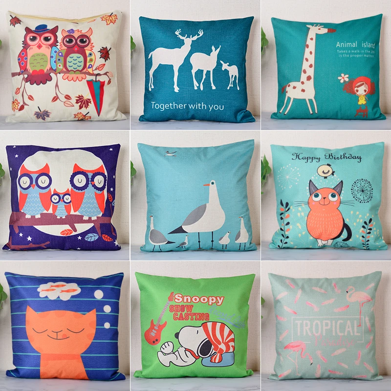 Чехол на подушку с изображением животных из мультфильмов цветной хлопковый