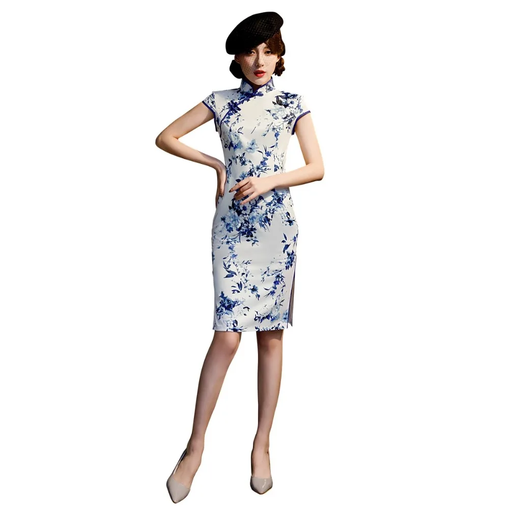 Шанхай история смесь из хлопка короткий рукав цветочный принт Qipao разделение