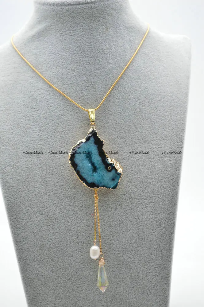 Натуральный голубой Кварц Freeform Агат срез камень кулон связанных цепочек Цепочки