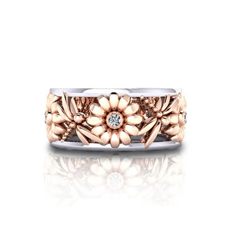 1PC Creative Copper Rings Sun Flower Pattern Rose Gold Double Color Simple Birthday Gift For Woman Fashion Jewelry 374478 | Украшения и