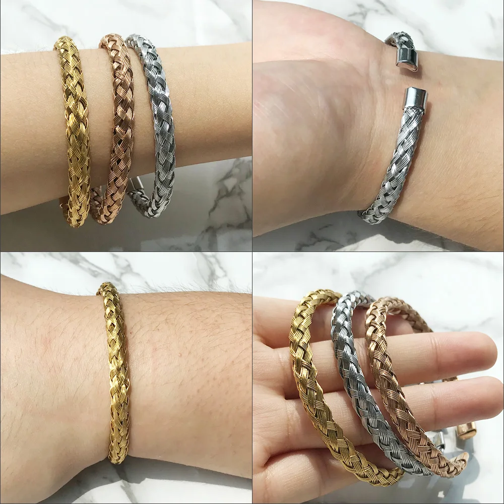 Новинка FINE4U B052 316L Браслет-манжета из нержавеющей стали браслеты для женщин витой кабель провод браслет 3 цвета на выбор