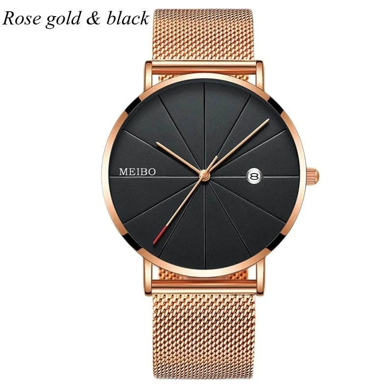 RoseGoldBlack Мужские часы Бизнес Спорт досуг Кварцевые наручные часы нержавеющая сталь сетка ремешок ультра тонкий циферблат Дата Часы Relogio Masculino - Цвет: RoseGoldBlack