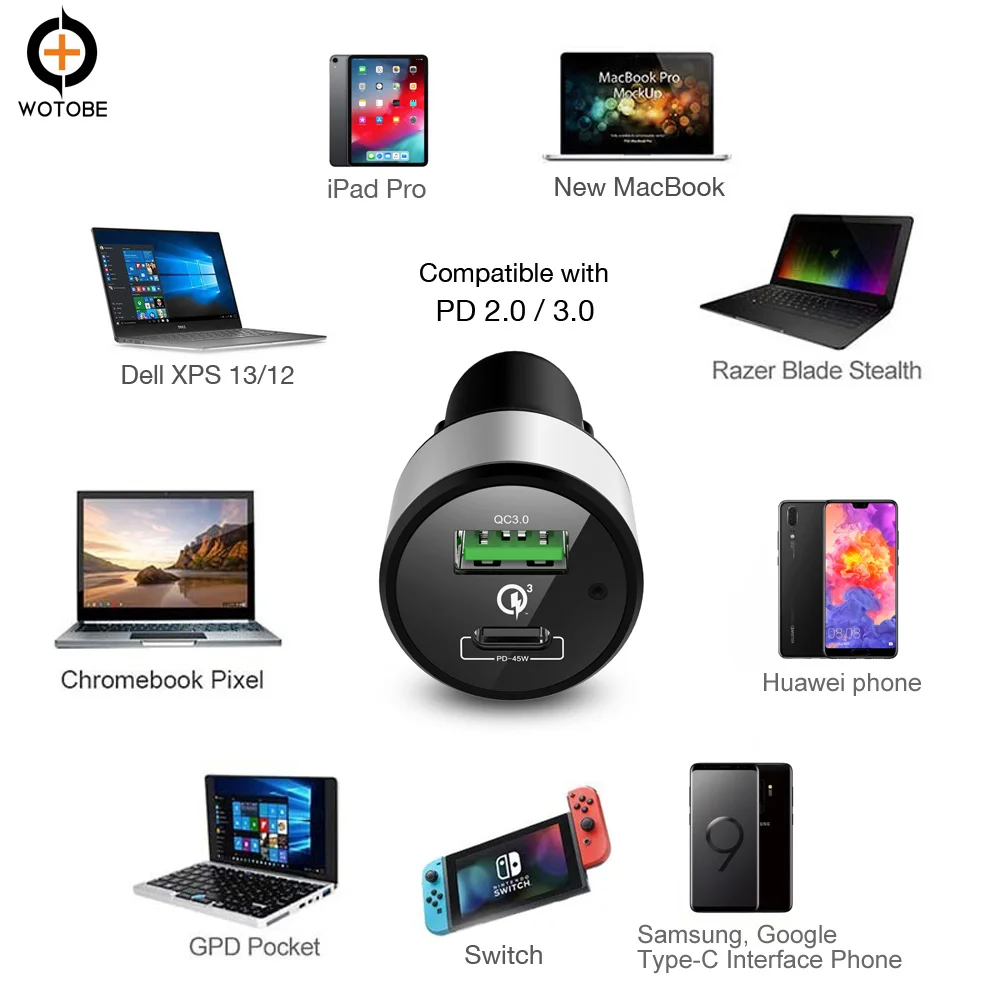 USB C TYPE-C PD 45 Вт автомобиля зарядное устройство Быстрая зарядка 3,0 18 63 Мощность ноутбук адаптеры питания с USB для iPhone X/8/8 плюс samsung