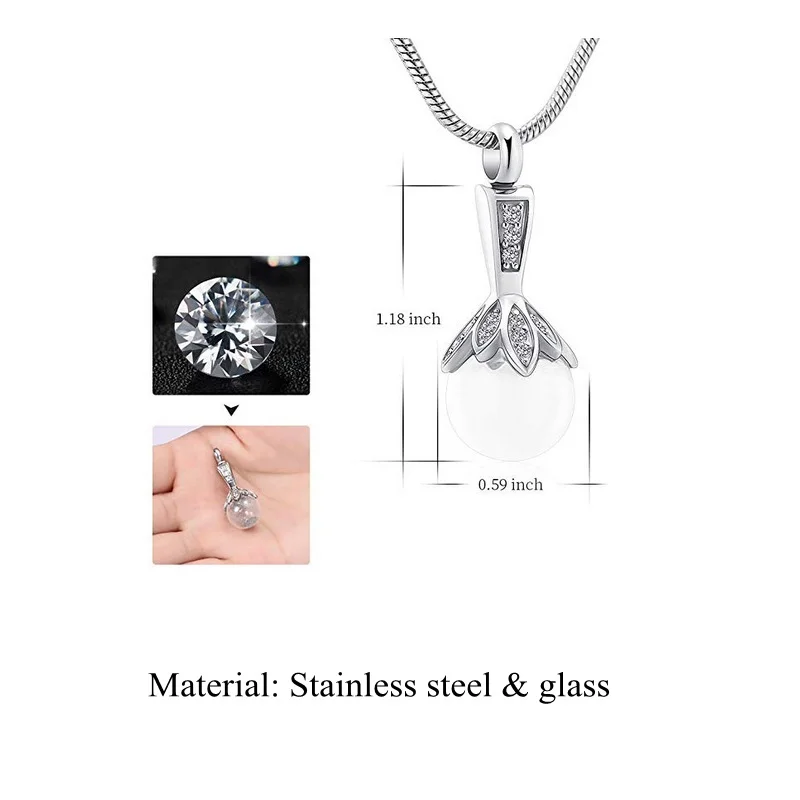 T009 White Pearl/ Clear Glass Ball Flower Design Women Memorial Urn Necklace Ashes Holder for Loved One - Cremation Urns Pendant | Украшения