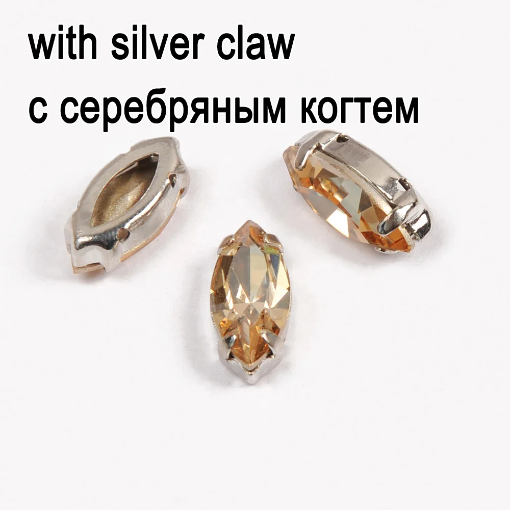 Crystal with silver Стразы Navette в форме стеклянной серебряной основы, кристаллы, золотые тени, цветные камни, пришитые Стразы с когтями для шитья, сделай сам, сумки для платьев - Цвет: Crystal with silver
