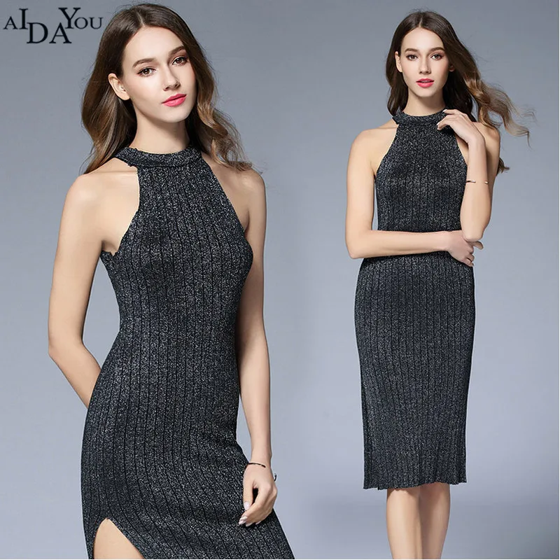2019 платье свитер без рукавов с круглым вырезом разрезом новый пуловер узором