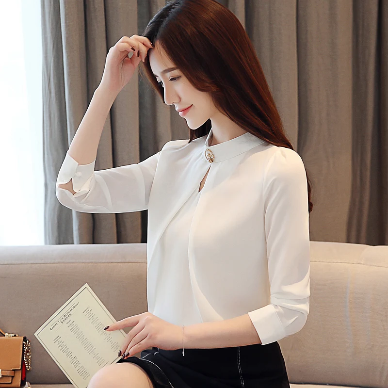 Fashion Solid Chiffon Shirts Elegant Stand Collar Long Sleeve Blusas Loose Tops New Spring Women Blouses 4 Colors Z2033 | Женская одежда