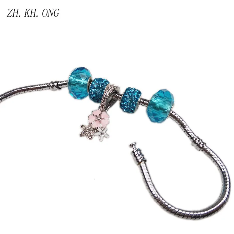 Ж. KH. ong 2017 простой серебряный шарм браслет и с цветком кулон сердце Синий Розовый