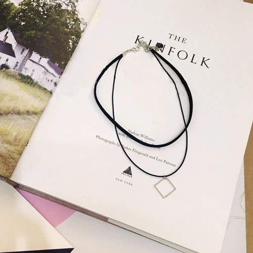 Женский двойной кожаный чокер с цепочкой ожерелье геометрические кулоны