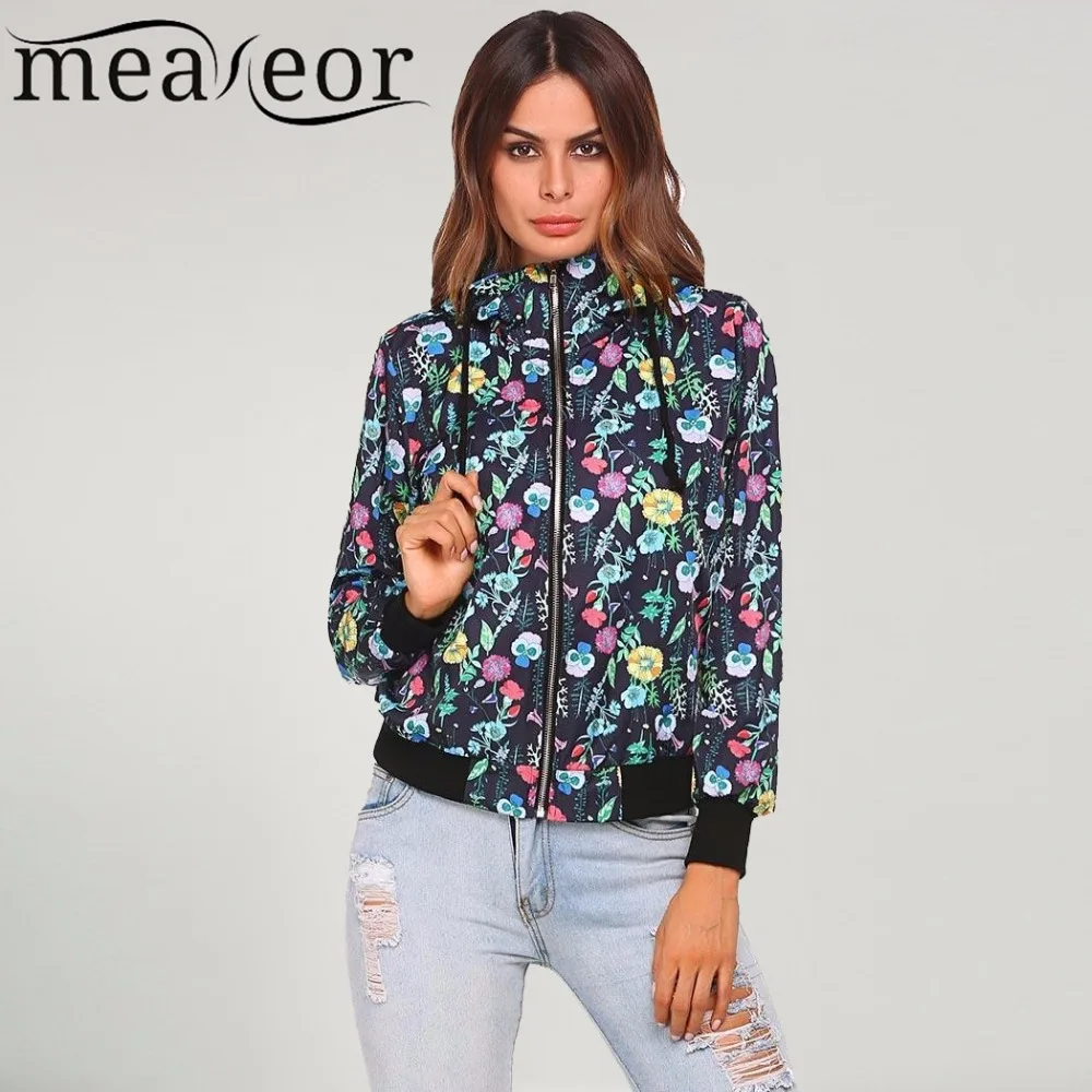 Женская крутая куртка с цветочным принтом капюшоном длинным рукавом на молнии
