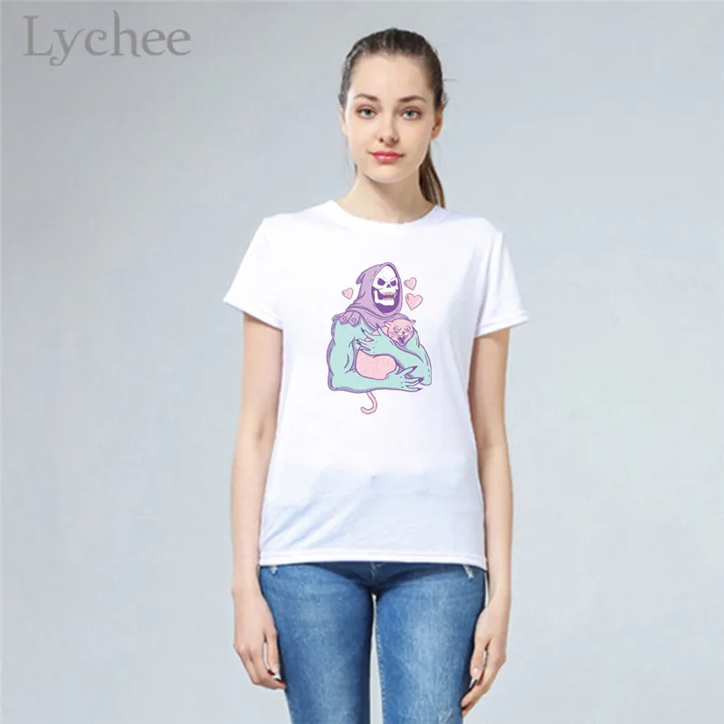 Женская футболка Lychee Harajuku с принтом черепа, Повседневная белая футболка с коротким рукавом и круглым вырезом, женская футболка
