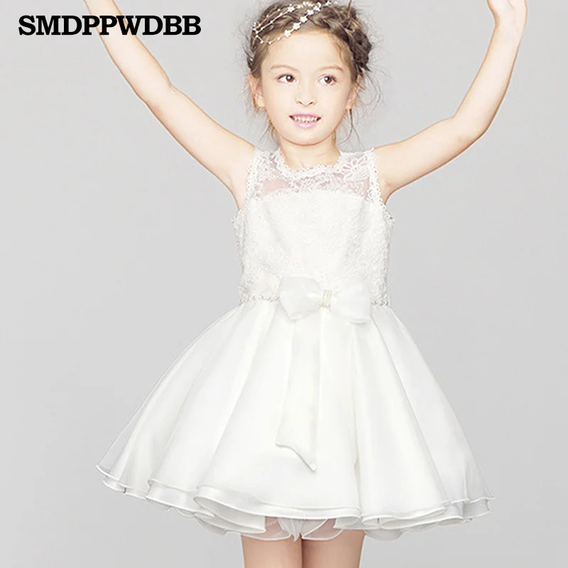 White SMDPPWDBB/Новые брендовые Платья с цветочным узором для девочек белое праздничное платье с бантом для причастия детские платья для маленьких девочек на свадьбу - Цвет: White