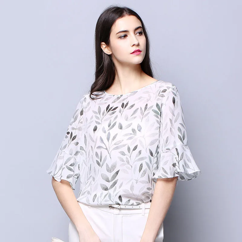 100% SIlk Crepe Women Shirt Pure Natural Silk Fabric New Arrival Office Lady Women Long Sleeve Printed Shirt Leaf